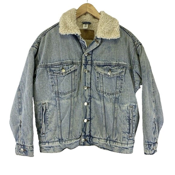 H&M And Denim Sherpa Lined Denim Jacket Light Washed Button Oversize Women Small - Picture 1 of 14